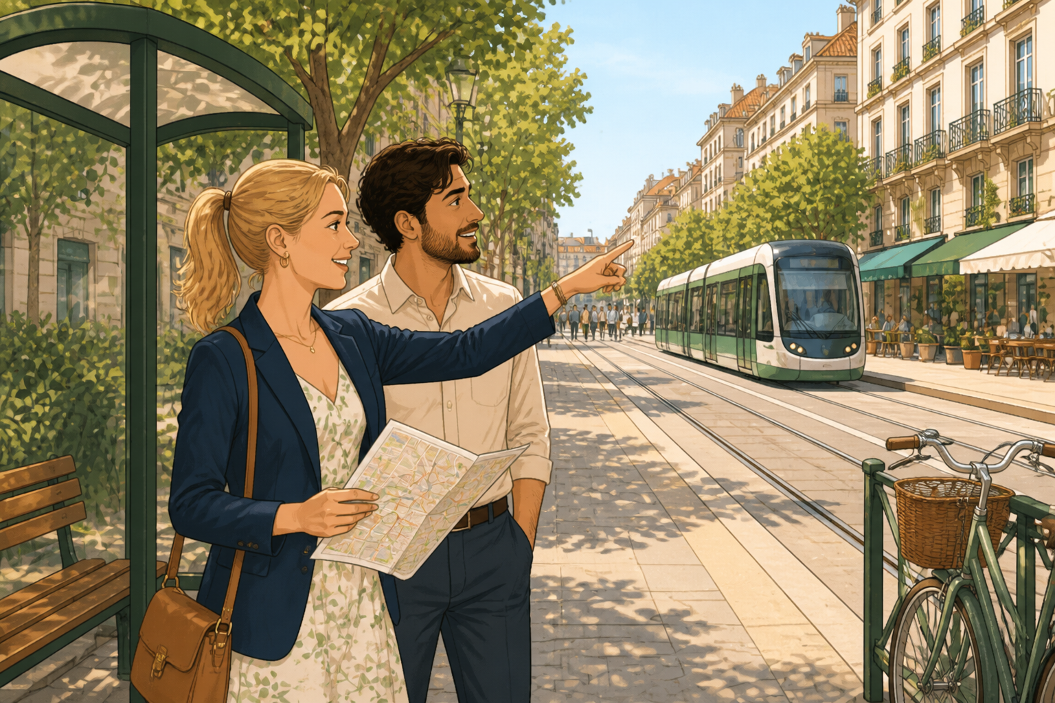 A Paid Guide helping someone at a tram stop in a European city